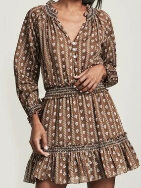 NWT - Veronica Beard Brown Floral Long-Sleeve Smocked Mini Dress